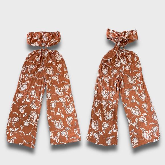LUSH NEW ALMOND CREAM LEAF FLORAL CUTOUT JUMPSUIT BROWN SMALL - Picture 1 of 9